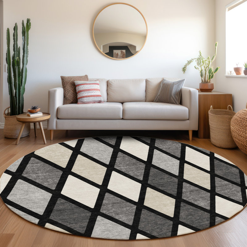 Premium Machine Washable Prisco Black Rug, Round 8'