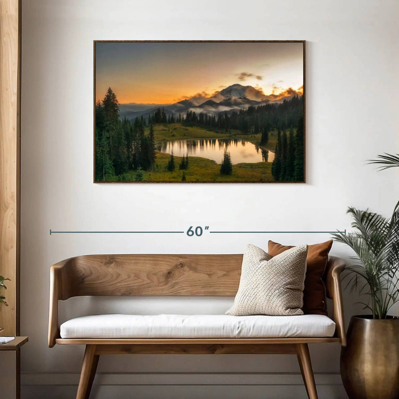 Coucher de soleil majestueux au mont Rainer, Cadre flottant noyer, 43 po x 29 po