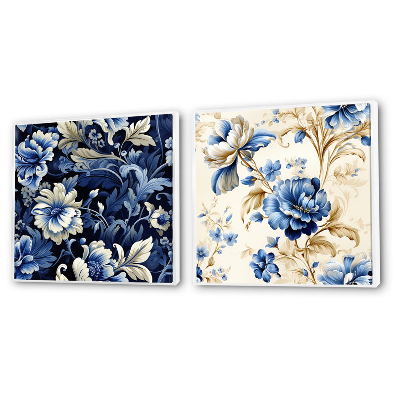 Motif victorien de coins victoriens bleu cobalt - ensemble de collage carré floral, Cadre flottant blanc, H 30 po x l 61 po