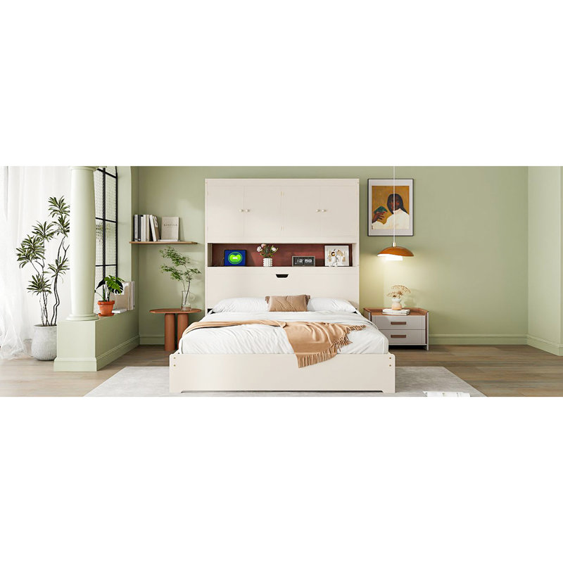 Lit double avec prises de courant, tête de lit et tiroirs de rangement, tête de lit de couleur crème, capacité de tiroir
