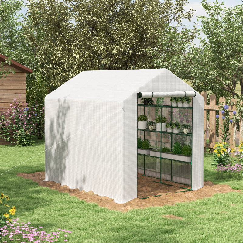 Outsunny Walk-In Greenhouse For Outdoors With Roll-Up Zipper Door, 18 Shelves, PE Cover, Small And Portable Green House, Heavy Duty Humidity Seal, 95.25" X 70.75" X 82.75",