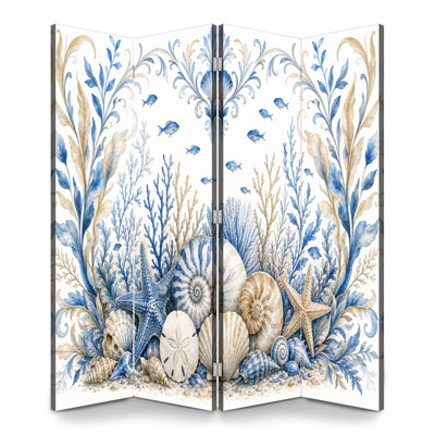 4 Panels Folding Screen Room Divider Royal Nautical Shells Starfish Coral Blue Beige Tones Canvas Screen Room Separator Freestanding Protective Wall Divider Privacy Partition for Bathroom