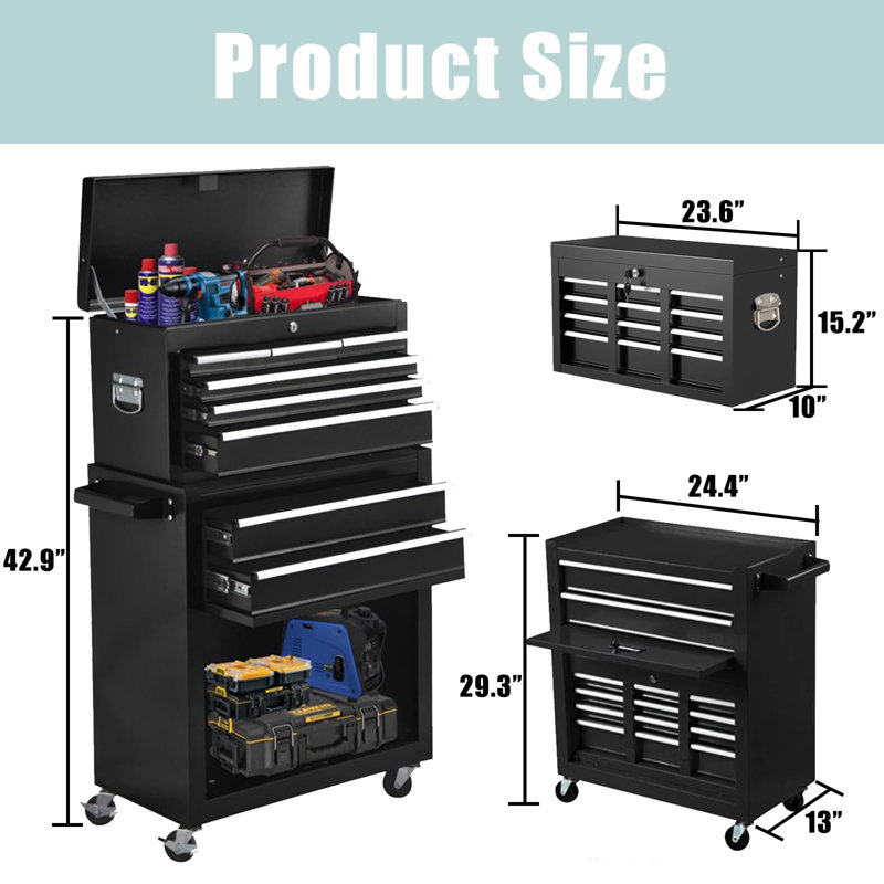Coffre à outils roulante à 8 tiroirs – Coffre à outils verrouillable 2 en 1 avec roulettes, tiroirs coulissants et couvercle amovible – Armoire de rangement pour garage et atelier, noir