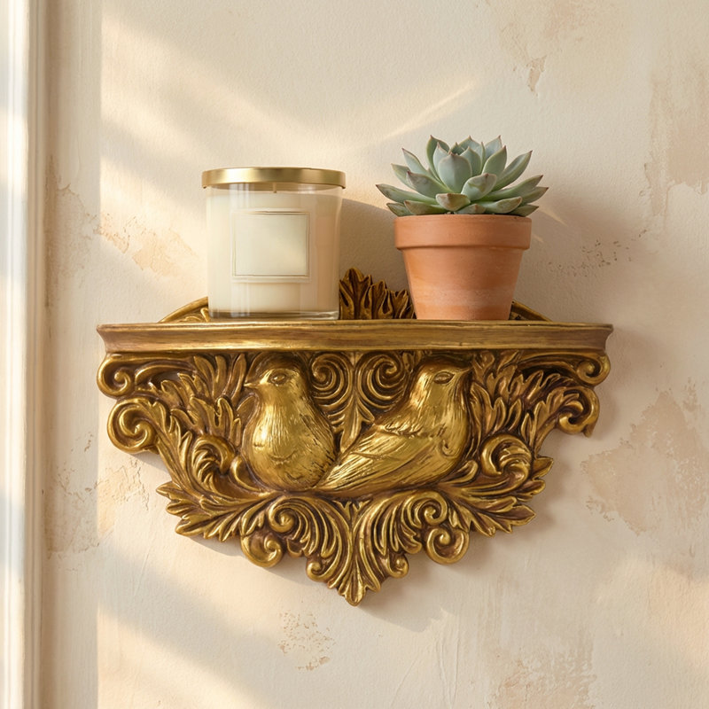 Vintage Ornate Resin Birds Manor Baroque Scroll Accent Floating Wall Mounted Shelf - Antique Gold