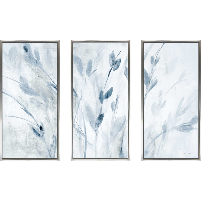 «Blue Misty Leaves», peinture sur toile flottante 3 pièces, L 52,5 po x H 33,5 po