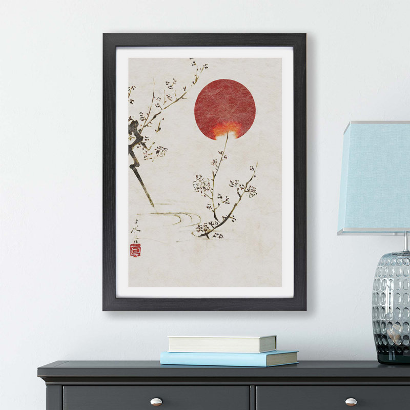 Sun and Plum Branches by Shibata Zeshin - Framed Print, 45cm H x 63cm W x 2cm D, Black