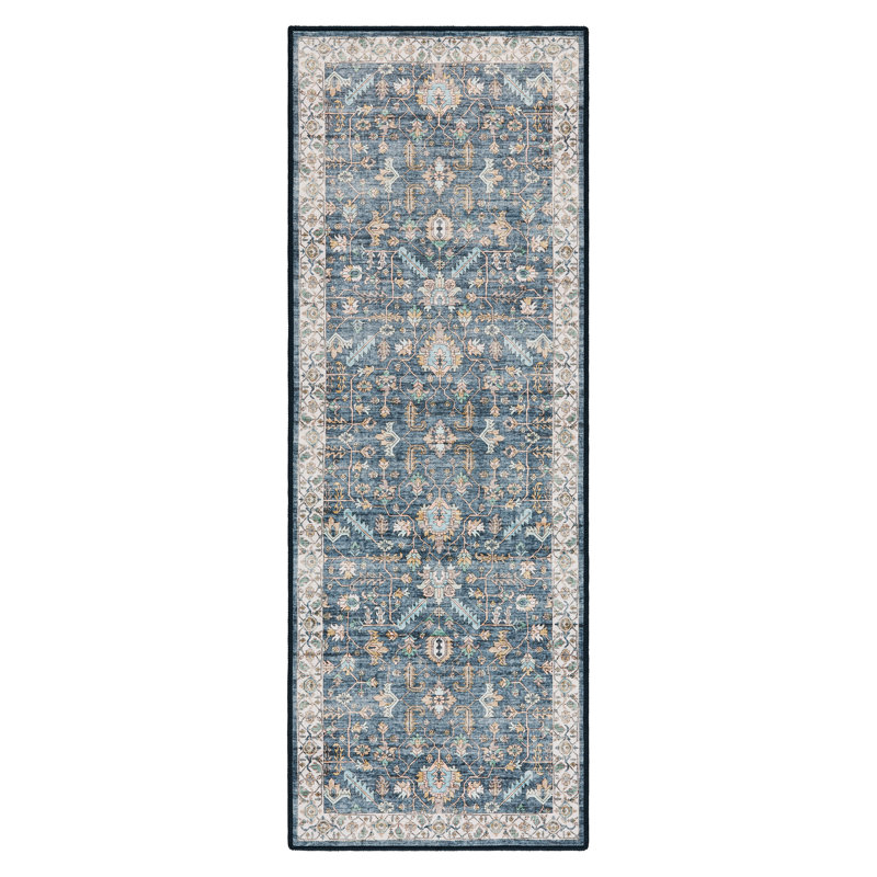 EVERWASH Haven Distressed Border Machine Washable Area Rug with AirFlo Technology, Blue, 2'6"x7', Blue, 2 x 7
