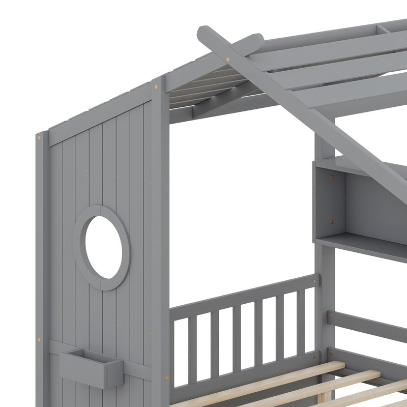 Structure de lit robuste en bois avec lit gigogne intégré et tablette de rangement pratique, Gris, Lit double