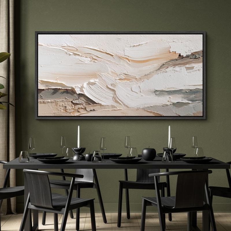Neutre crème et blanc abstrait, art mural sur toile encadrée, H 30 po x l 60 po, Noir