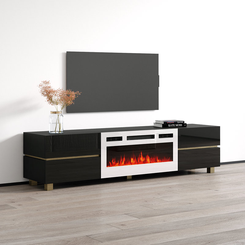 70.9" Modern TV Stand with Electric Fireplace, High Gloss Finish, Media Storage, Black