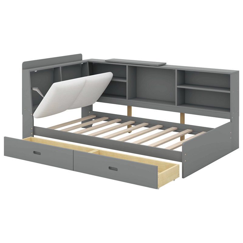 Lit plateforme en bois avec tête de lit avec rangement, tablettes et 2 tiroirs, Lit simple, Gris antique