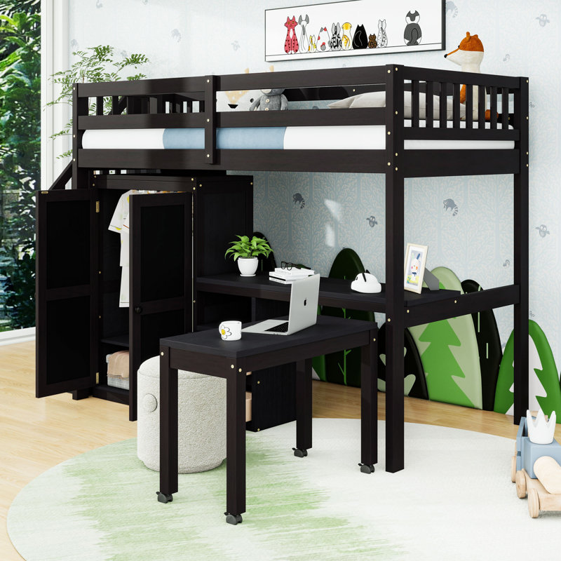 Wooden Loft Bed With Built-In-Desk And Stairs, Twin, Espresso