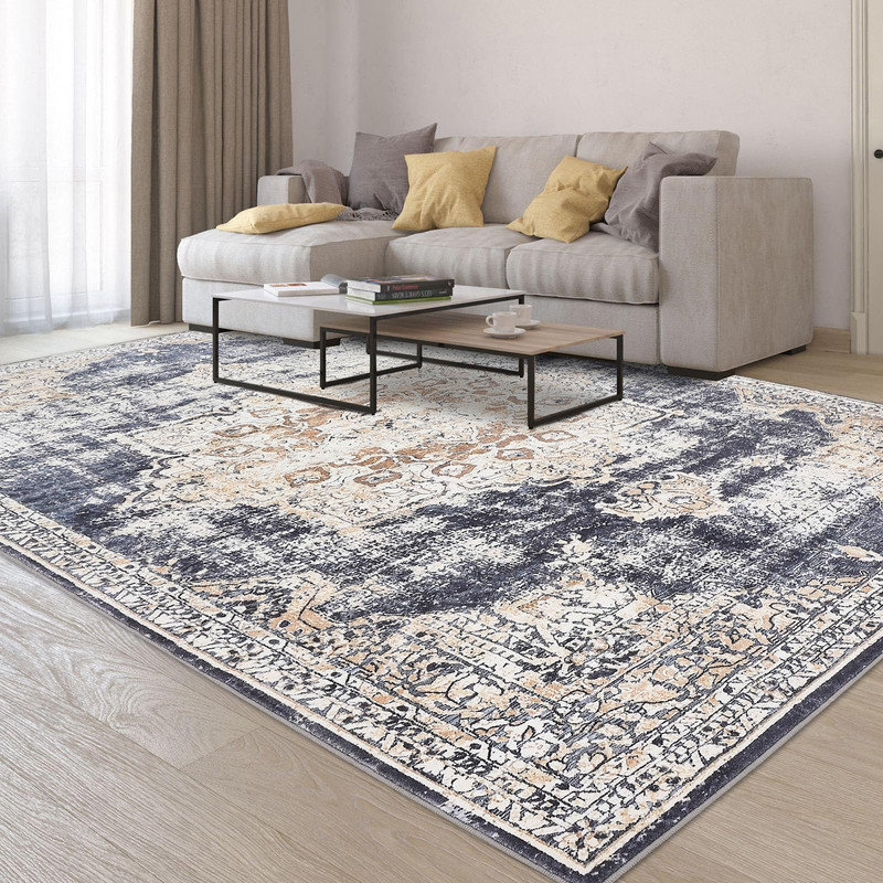 Tapis beige antidérapant à motif de médaillon rétro pour salon, salle à manger, bureau, bleu beige