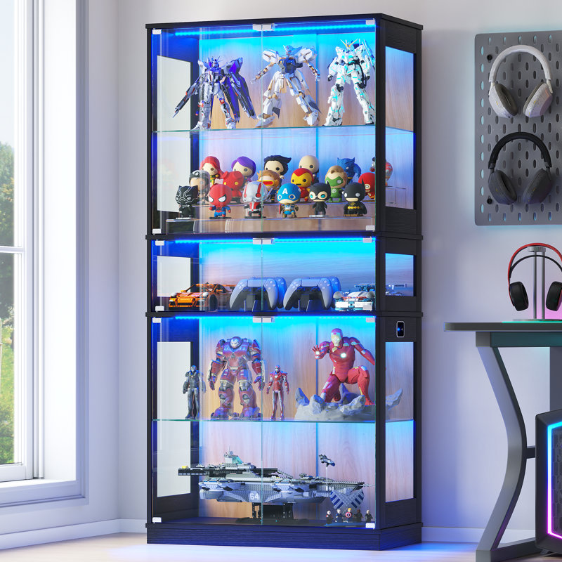 Modern Led Glass Display Cabinet With Adjustable Shelves – Ideal For Collectibles, Figures, And Home Decor, Black/Wood