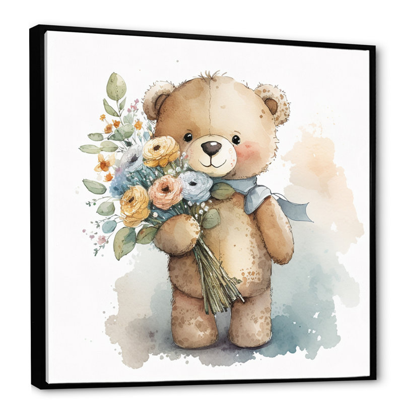 Ours en peluche «Love Hold Flowers II» - art mural ours, H 30 po x l 30 po, Cadre flottant noir