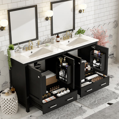 Ensemble de meuble-lavabo noir 60 po avec double meuble-lavabo (séparé), double lavabo en céramique, tablette de rangement et tiroirs séparés (miroir non inclus) - Solution de salle de bain moderne pour salles de bain spacieuses