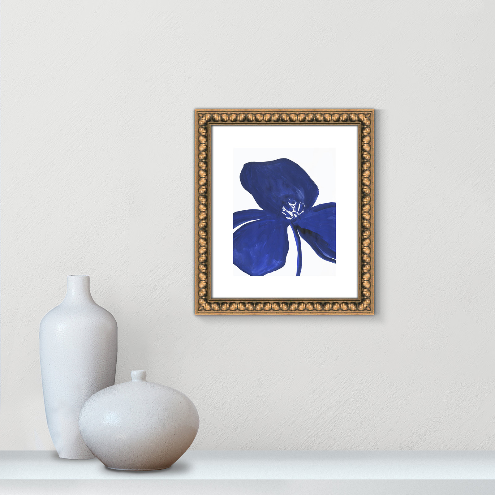 Clarisse "Indigo Petal II" Painting, 16" H x 14" W x 1.13" D, Gold Bead Framed Paper