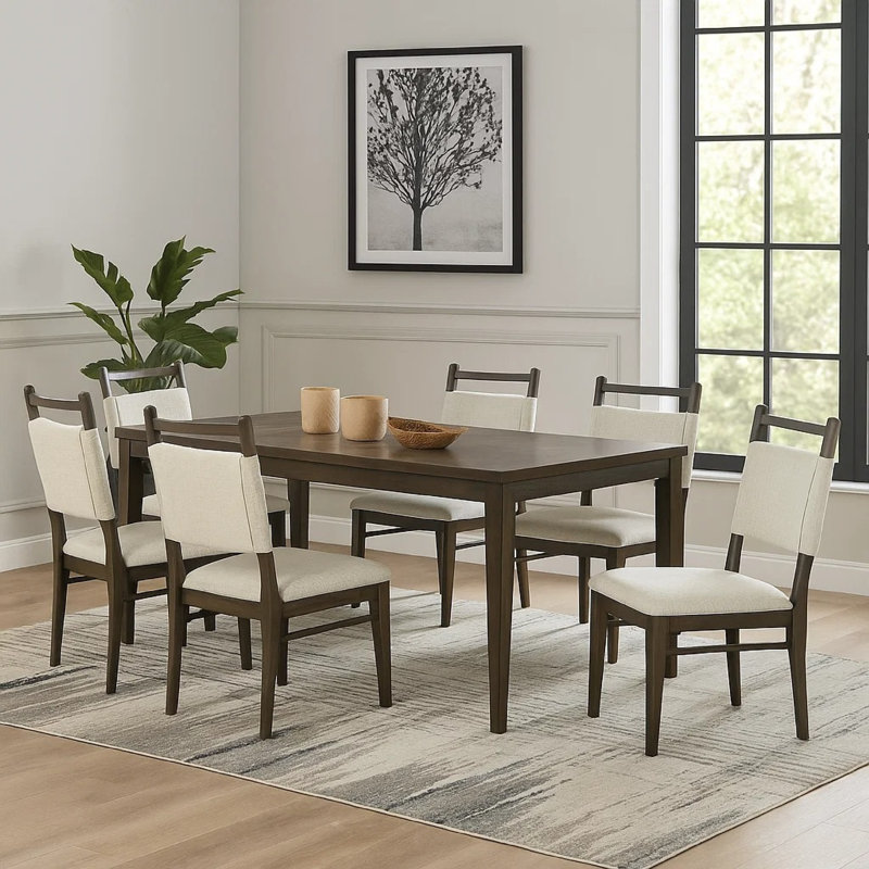 Ensemble de table de salle à manger 7 pièces Oline, 6 chaises en polyester beige, brun noyer