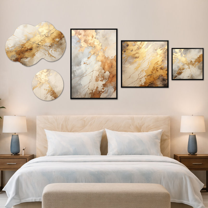 «Beige & Gold Marble Lightning II», ensemble de 5 grandes reproductions d'art mural, en métal et sur toile abstraite (100 po x 40 po)