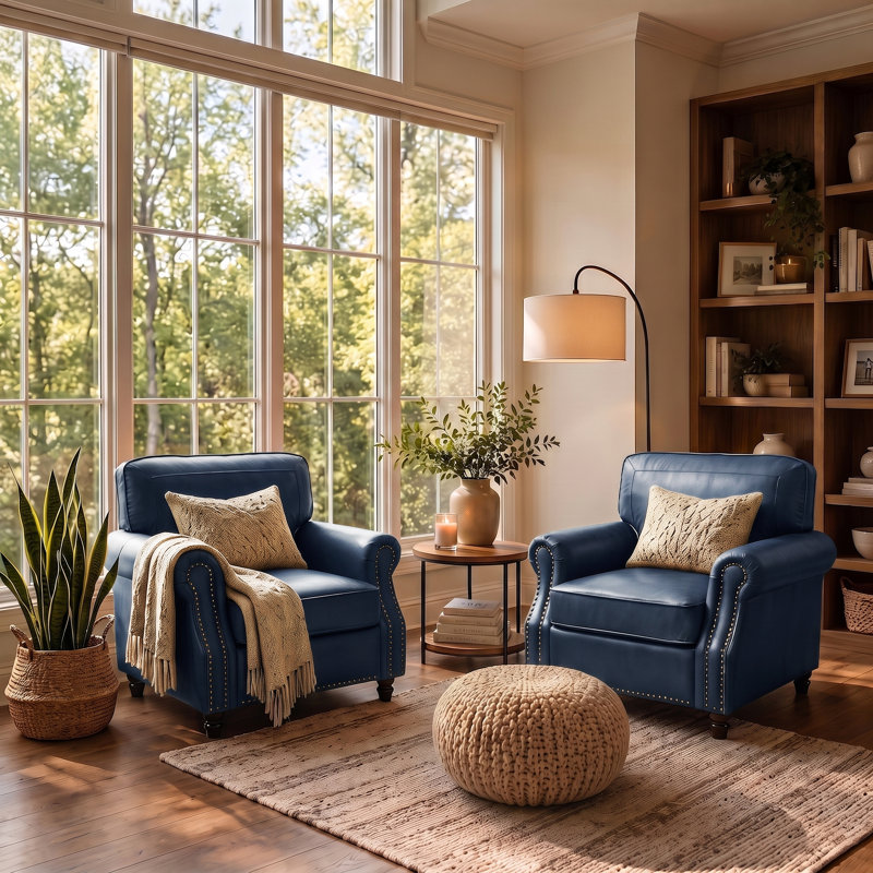 Fauteuil 31,5 "en similicuir avec pieds en bois massif (ensemble de 2), Bleu