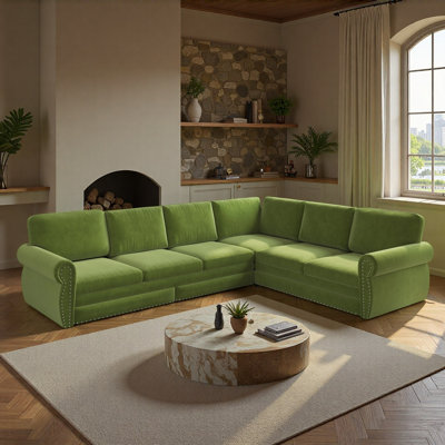 118" L-Shaped Sofa Couch with Pull-Out Bed,Oversize Convertible Sleeper Sofa with Nailhead Trim & Rolled Arm,Chenille Upholstered Sectional Couches, for Living Room