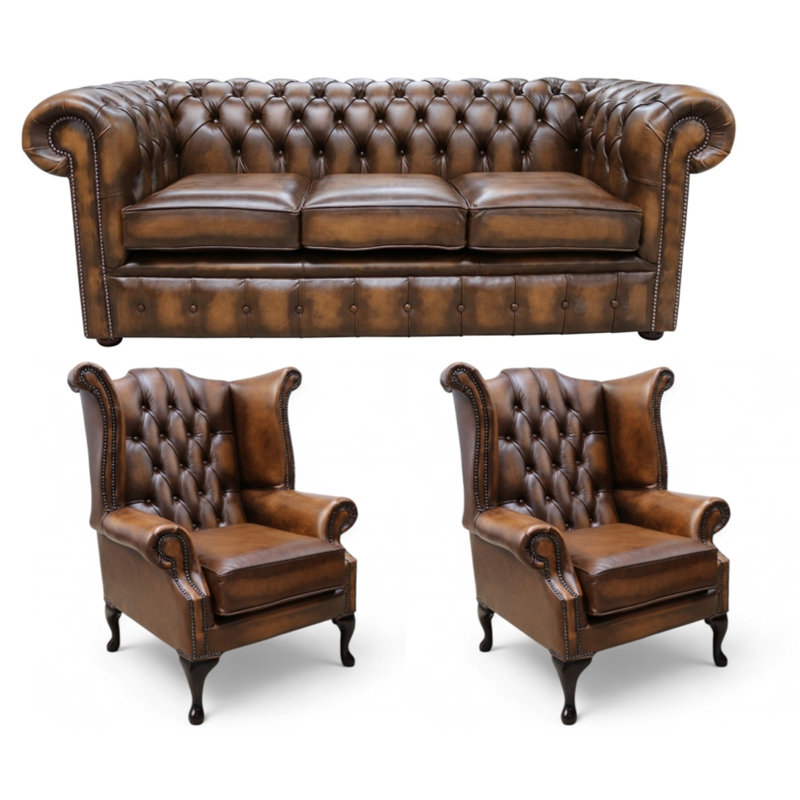 Chesterfield 3 Seater Sofa + 2 X Queen Anne Chairs Leather Sofa Suite Offer, Tan