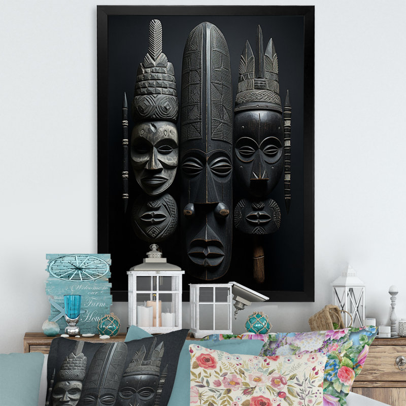 Masque africain sur toile Laesha, Cadre photo noir simple, H 40 po x l 30 po x P 1,5 po