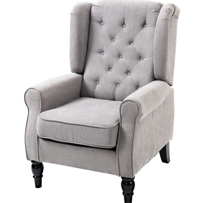 Button- Chair In Grey, With High Wingback, Thickly Cushioned Seat And Rounded For Bedroom Decor Grey Wingback Button Tufting, Thick Padded , Modern