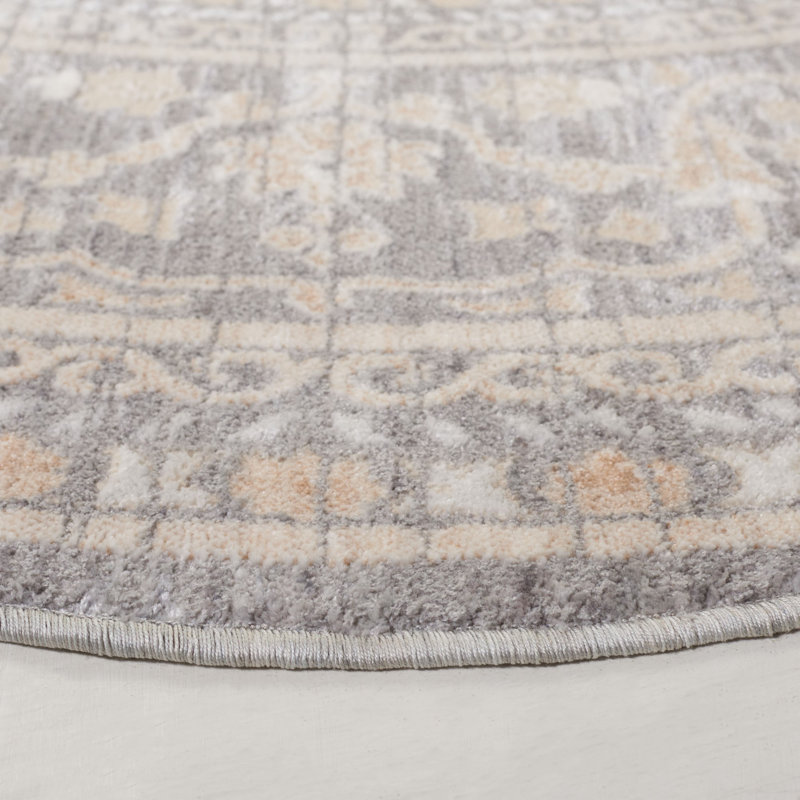 Tapis oriental en polyester tissé à la machine en ivoire / gris, Rond 6 pi 3 po