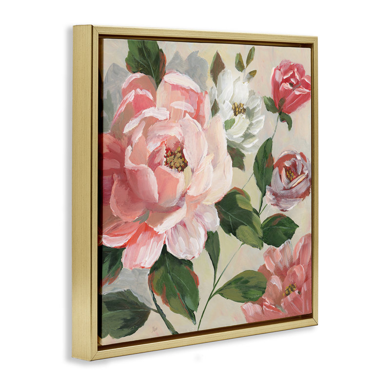 Art mural sur toile flottante avec roses roses et pivoines, design par Nan, H 25 po x l 25 po, Cadre flottant métallique doré