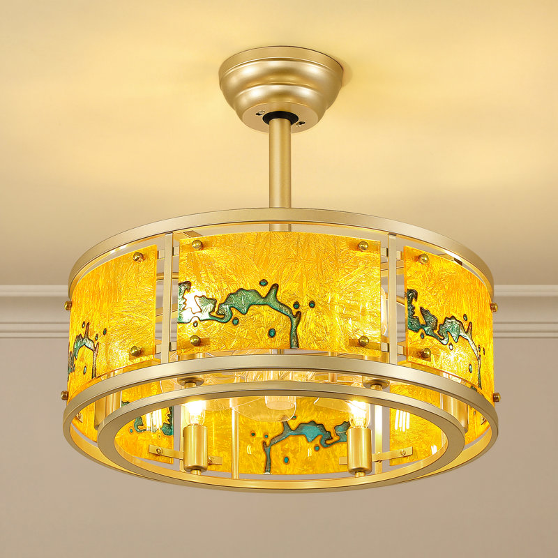 Ventilateur de plafond en cage 20 po Tiffany Mid-Century avec lumière et télécommande, abat-jour en acrylique teinté pour la chambre à coucher