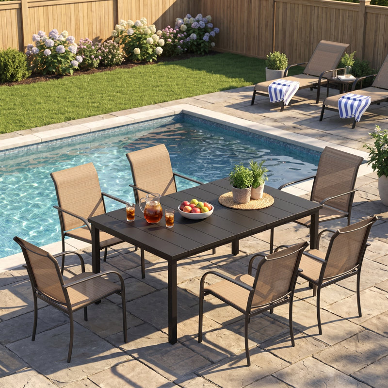 Ensemble repas pour 6 personnes avec table rectangulaire et 6 chaises empilables Leyre, Noir / brun