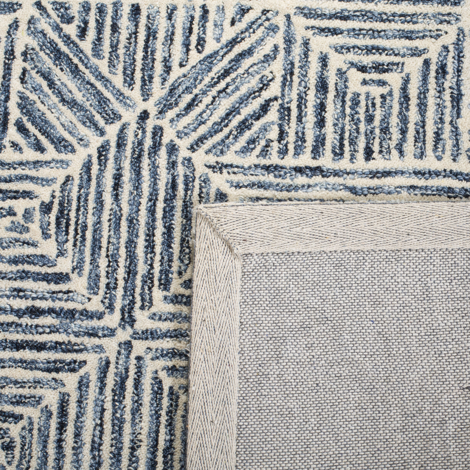 Linsly Blue Ivory Hand-Woven Geometric Wool Rug, Rectangle 2'3" x 4'