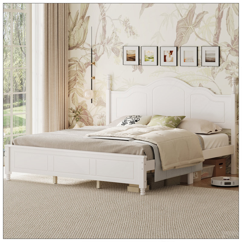 Structure de lit plateforme très grand avec tête de lit à vagues rétro, support de lattes en bois, aucun sommier requis, assemblage facile, structure robuste, mobilier de chambre à coucher avec design rétro classique, blanc