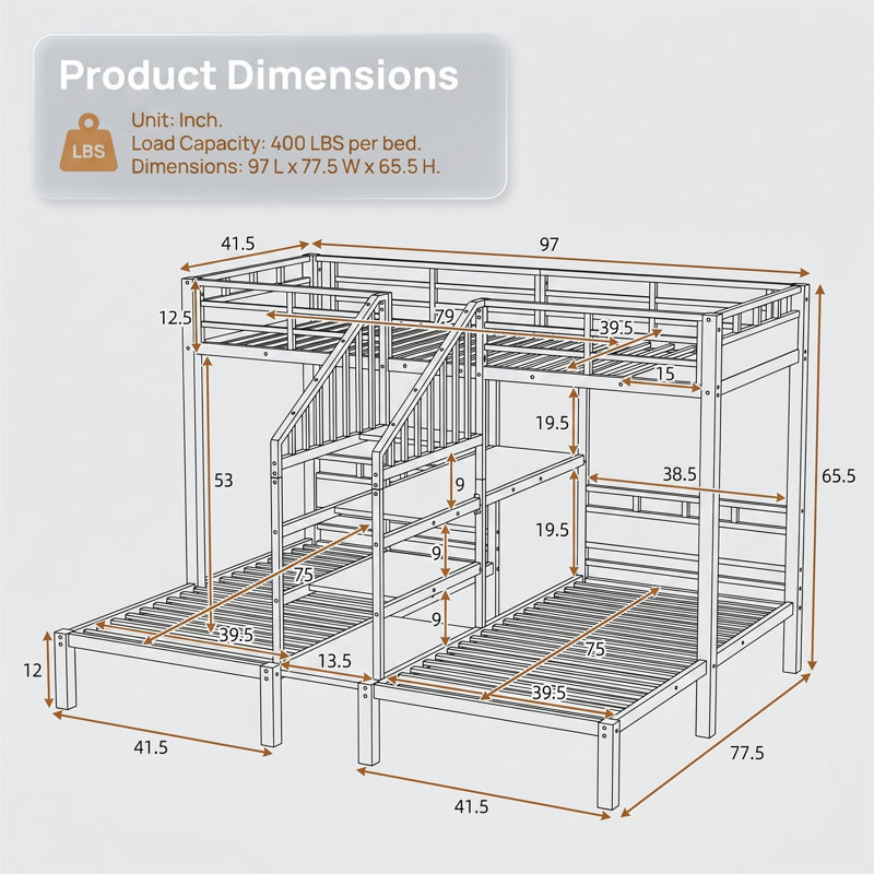 Bunk Beds for 3, Twin over Twin & Twin, Metal Frame, with Storage Shelves and Storage Ladder, Black, Twin