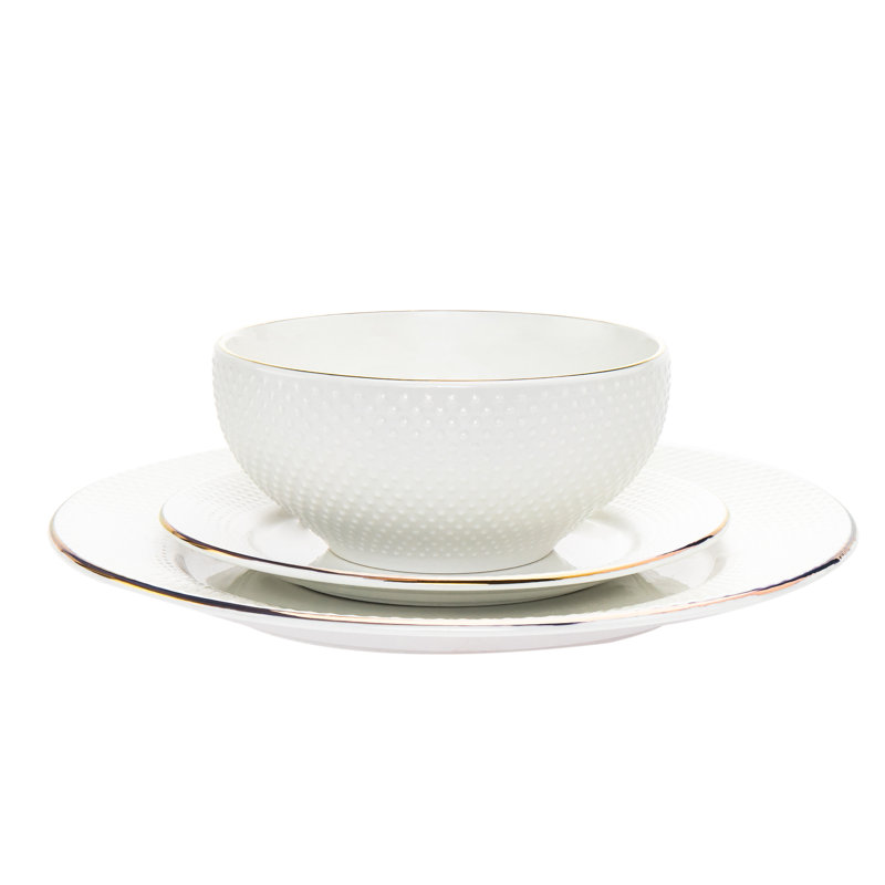 Elegant White Porcelain Dinnerware Set with Gold Trim, Service for 6