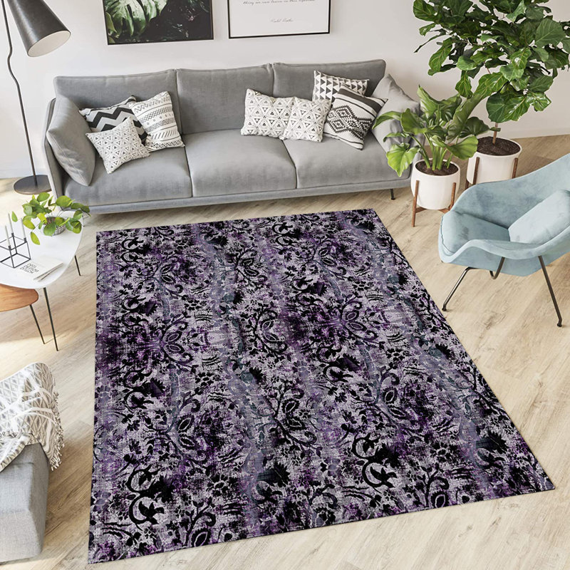 Tapis intérieur / extérieur rectangulaire en polyester tissé à la machine damassé noir / bleu marine