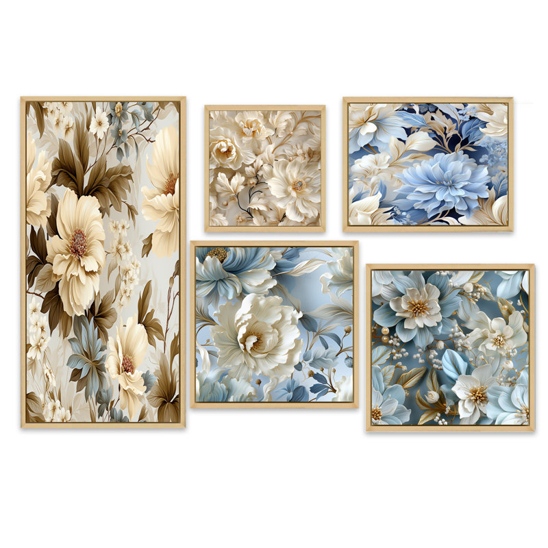 Ensemble de 5 décorations murales florales Ethereal, Cadre flottant brun
