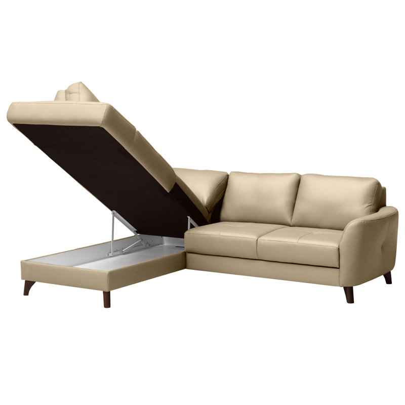 Migues Leather Corner Sofa with Sleeping Function and Storage, Beige, Left Hand Facing