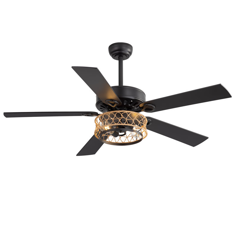 52" Farmhouse Ceiling Fan With Lights And Remote, Rustic Rope Cage Ceiling Fan With 5 Wood Blades, Reversible Motor, Handwoven Rope Light Fixture For Bedroom, Living Room, Dining Room