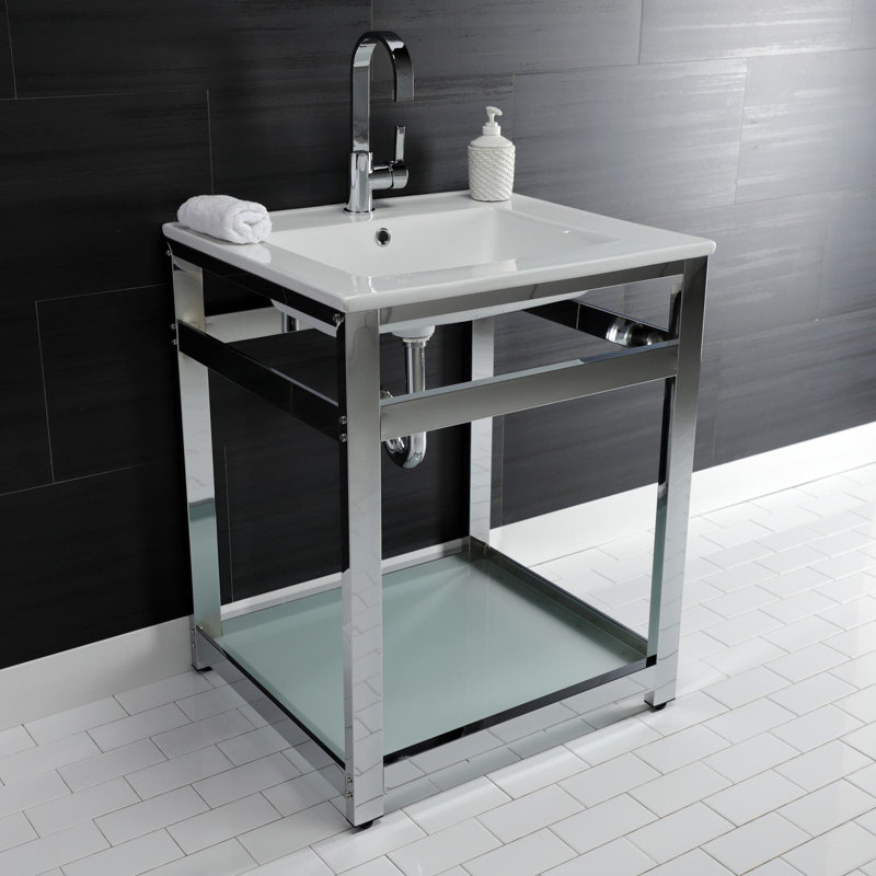 Quadras Ceramic Rectangular Console Bathroom Sink with Overflow, White/Matte Black, Single
