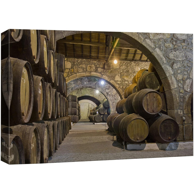 Cellier avec tonneaux de vin sur toile, H 24 po x l 36 po x P 1,5 po
