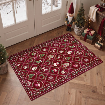 Tapis lavable à poils courts rouge / vert Rocking Horse & Gingerbread House