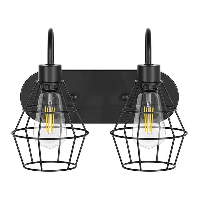 Black Metal Cage 2-Light Dimmable Vanity Fixture