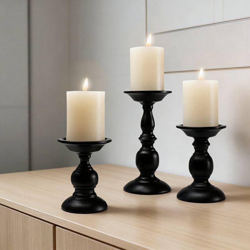 Ensemble de 3 porte-bougies pilier noir rétro, support de bougie en fer massif pour centre de table, manteau de cheminée et décoration intérieure
