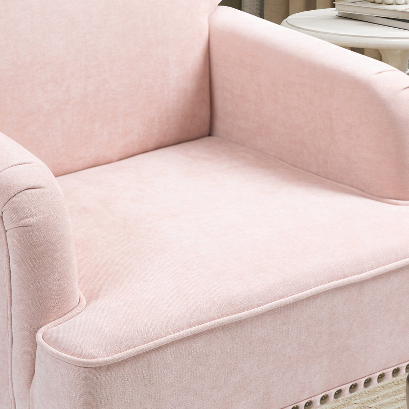 Modern Accent Chair with Retro Wooden Legs & Nailhead Trim, Pink Fabric, Natural, 35.4" H x 28.9" W x 24" D