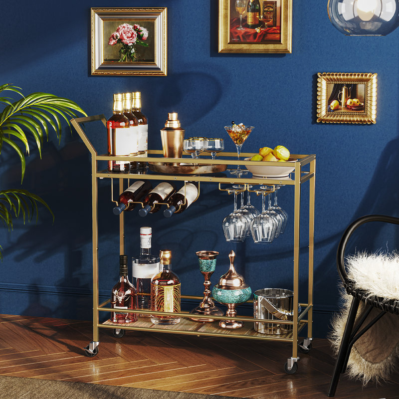 2-Tier Bar Cart Serving Cart Kitchen Cart with Wine Rack and Glass Holder