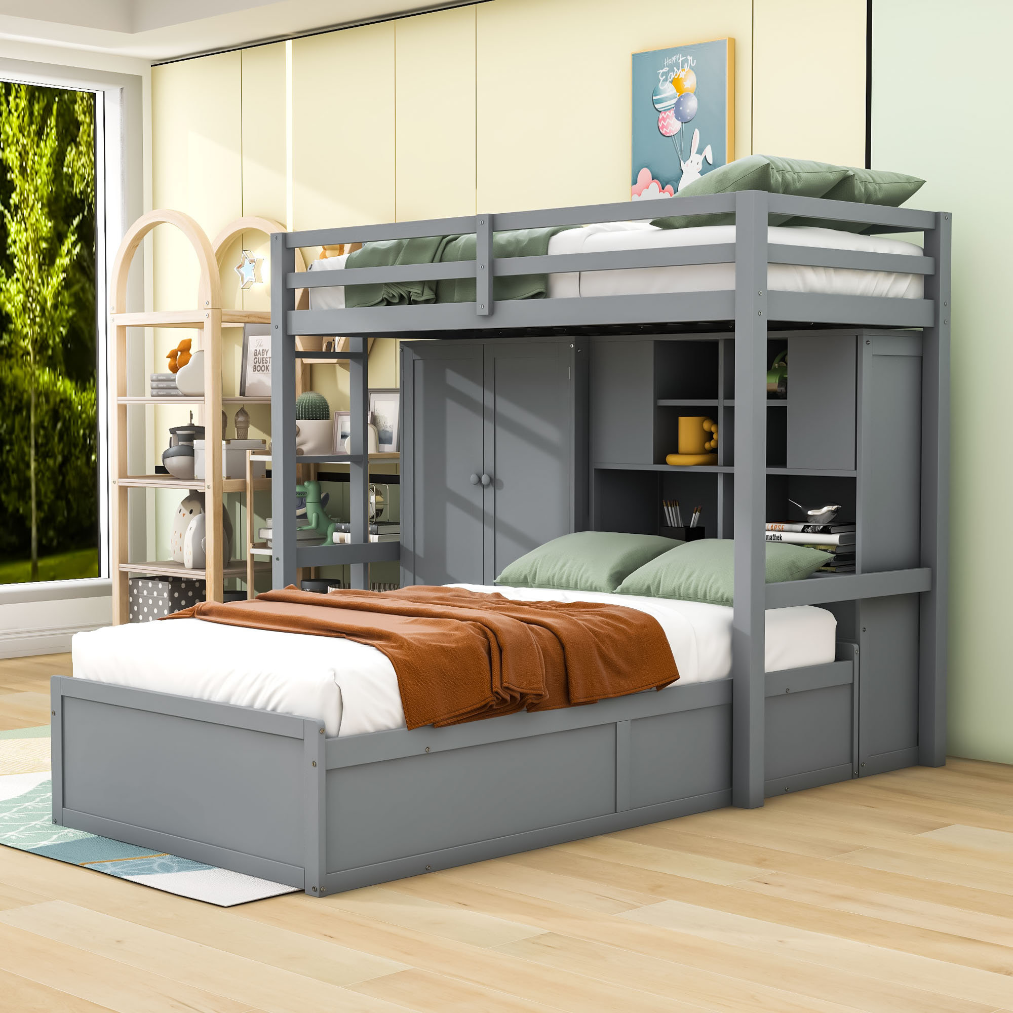 Harriet Bee 4 Drawers Twin Over Twin Bunk Bed With Wardrobe, Shelves ...