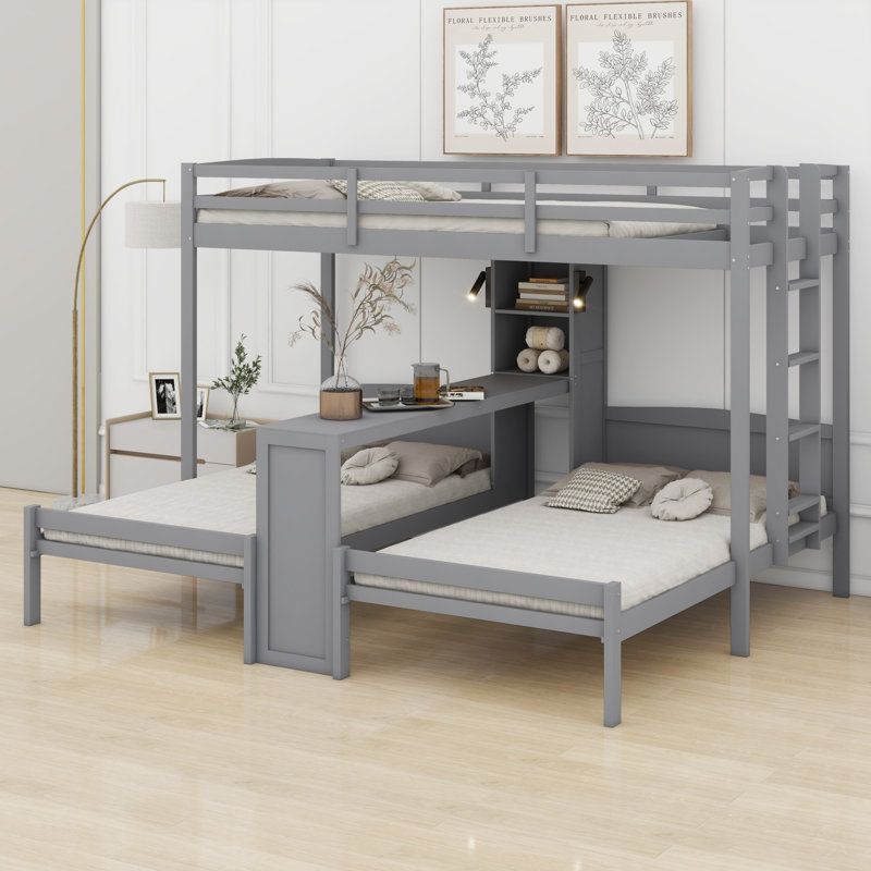 Multi-Functional Wood Bunk Bed with Desk, Storage Shelves, Reading Lamp, Gray