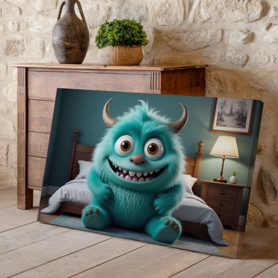 Canvas A Whimsical Fluffy Turquoise Monster Sits Playfully On A Cozy Wall Art Bed Its Large Expressive Eyes And Wide Grin Exuding A Canvas Wall Art